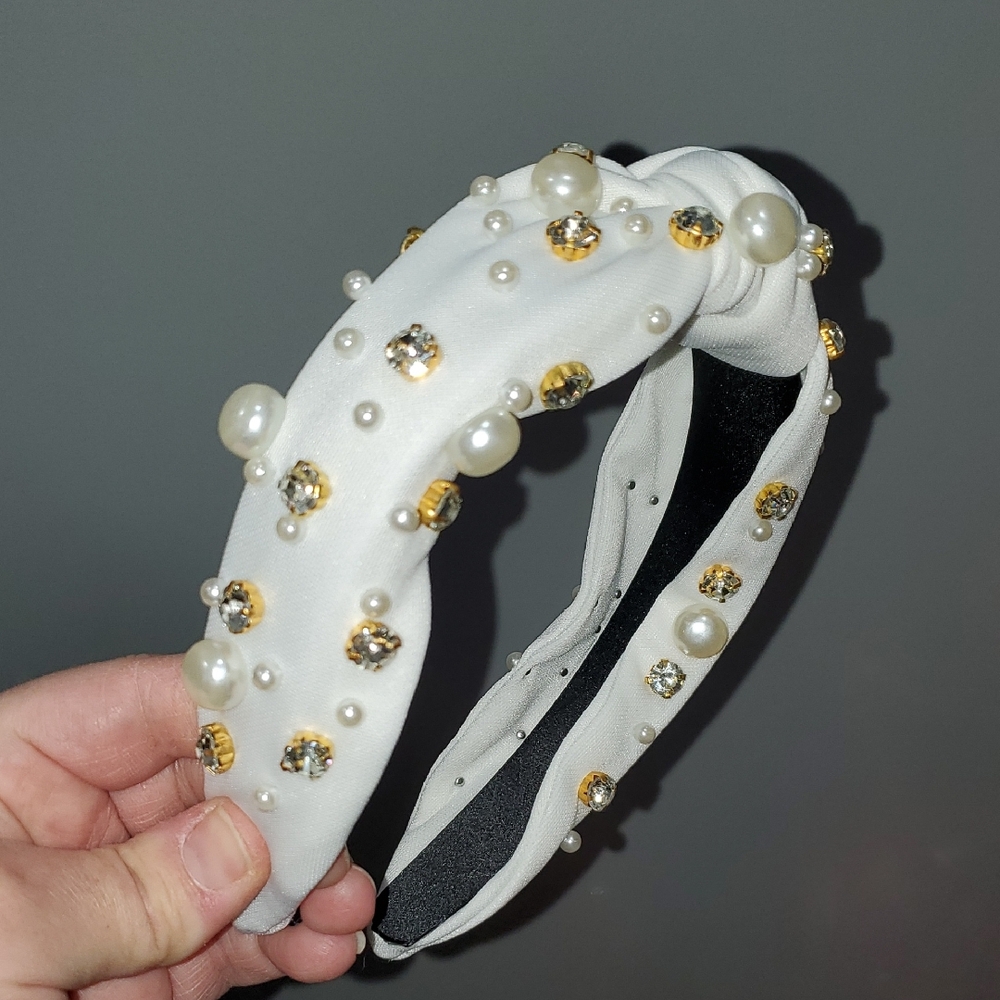 New handmade boutique rhinestone pearl top knot flexible wide headband white